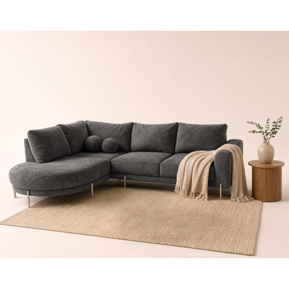 Gabin - Canapé d'angle gauche 5 places en velours texturé - Gris
