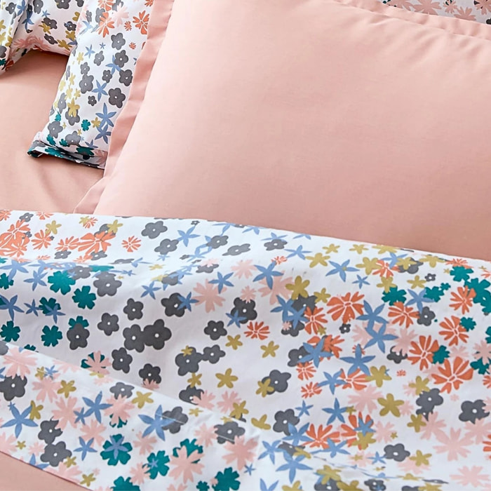 Drap plat percale de coton 80 fils motif floral - Rose