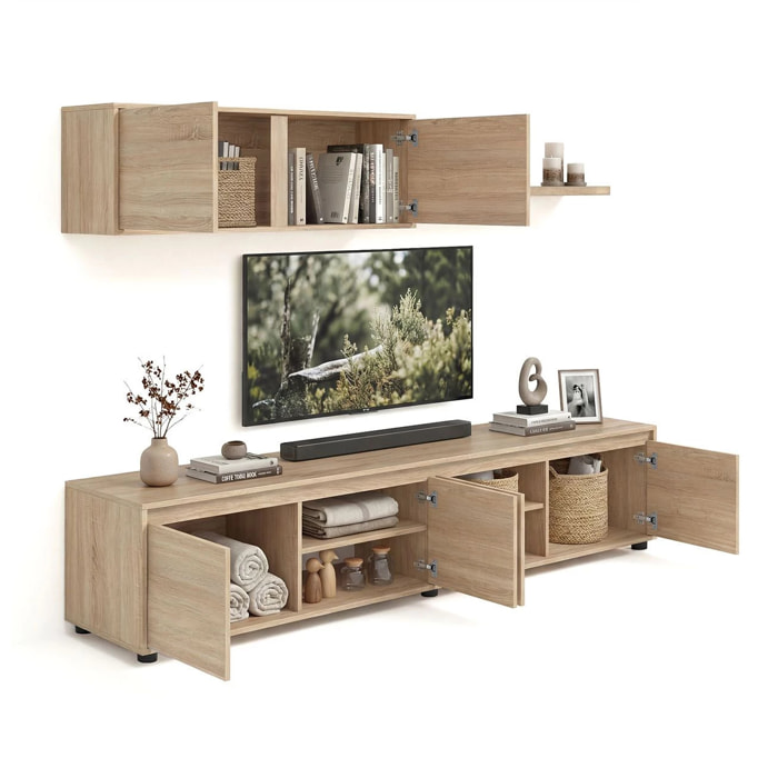 Salón con mueble de TV y estantería en roble canadian 200 cm Arlet Roble Canadian