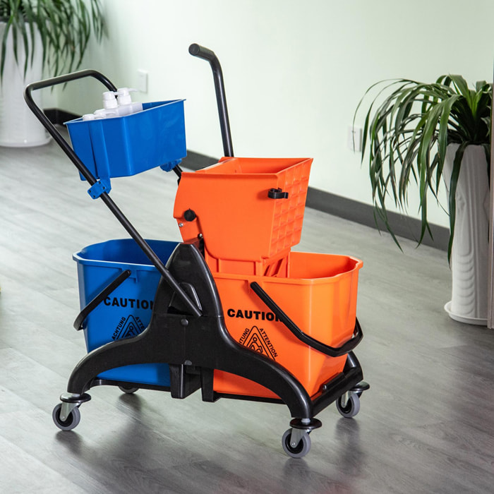 HOMCOM Chariot de lavage chariot de nettoyage professionnel presse à mâchoire 2 seaux + rangement orange bleu