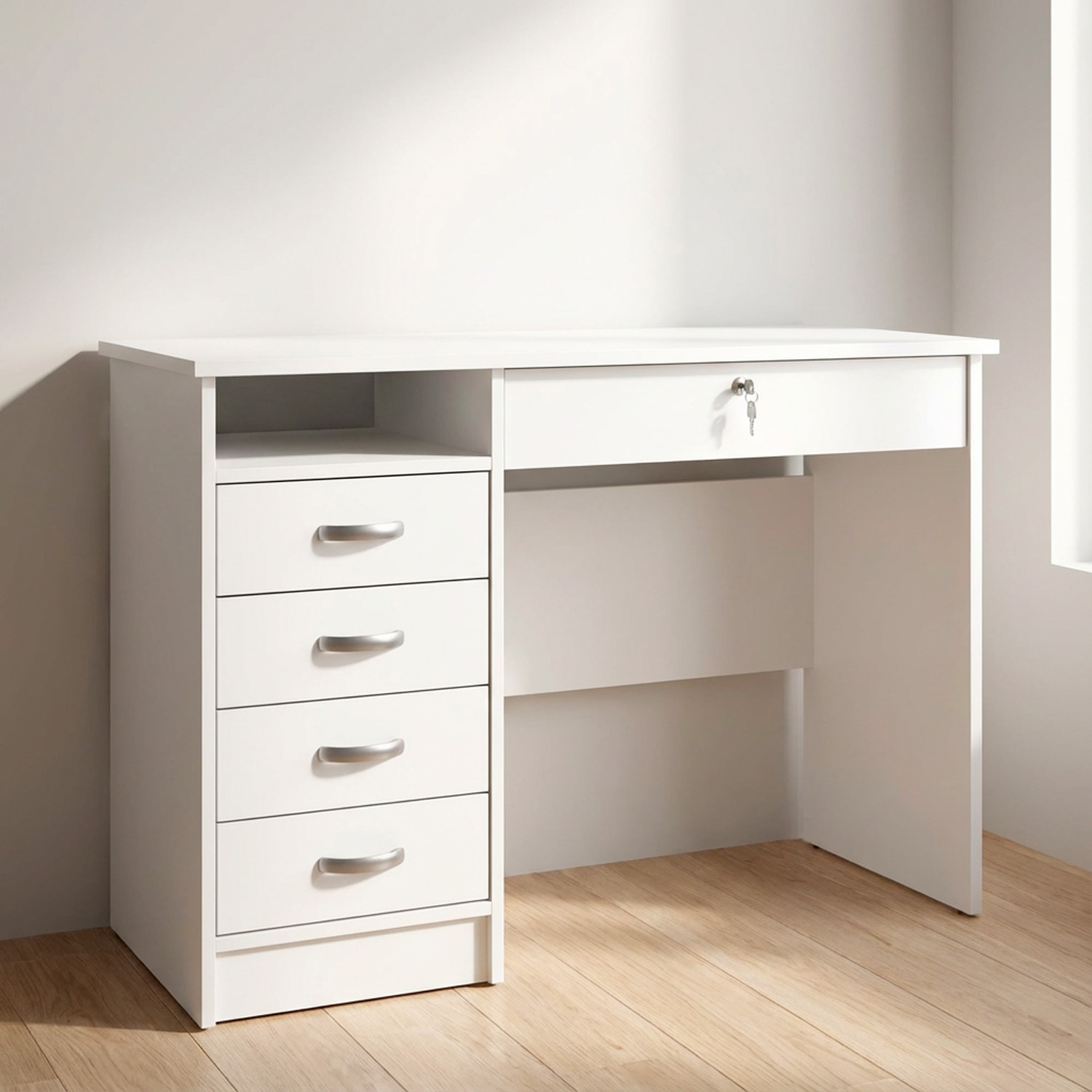 Scrivania Da Ufficio Con 5 Cassetti E Cassetto Con Serratura Desk Moderno Salvaspazio Per Studio Cameretta E Home Office 109.3 x 48.5 x 75.6 Cm Bianco