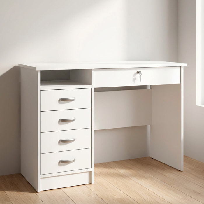 Scrivania Da Ufficio Con 5 Cassetti E Cassetto Con Serratura Desk Moderno Salvaspazio Per Studio Cameretta E Home Office 109.3 x 48.5 x 75.6 Cm Bianco