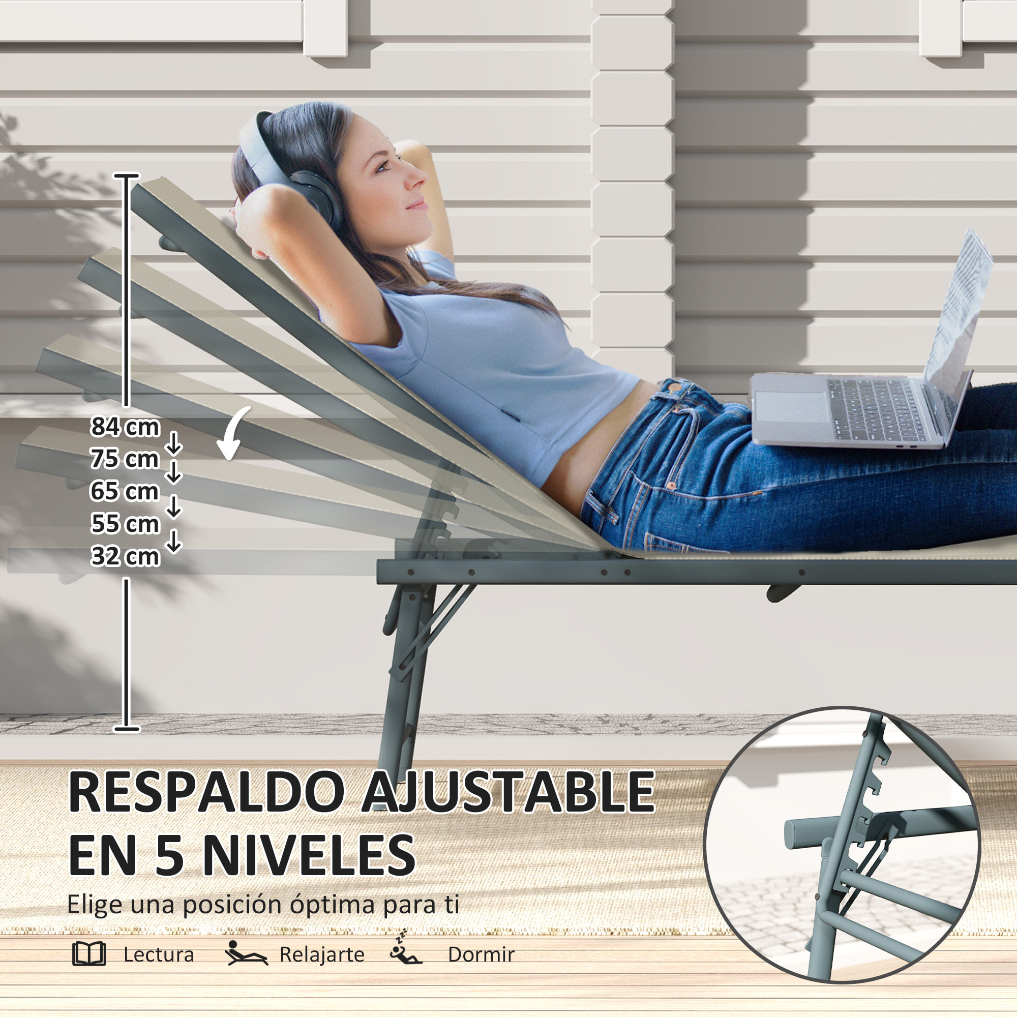 Pack de 2 Tumbonas Jardín Exterior Tumbonas Plegables Reclinables en 5 Posiciones con Estructura Metálica y Asiento de Malla Transpirable para Playa Piscina 164x54x84 cm Crema