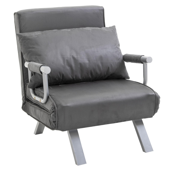 Fauteuil chauffeuse canapé-lit convertible 1 place déhoussable grand confort coussin pieds accoudoirs métal suède gris