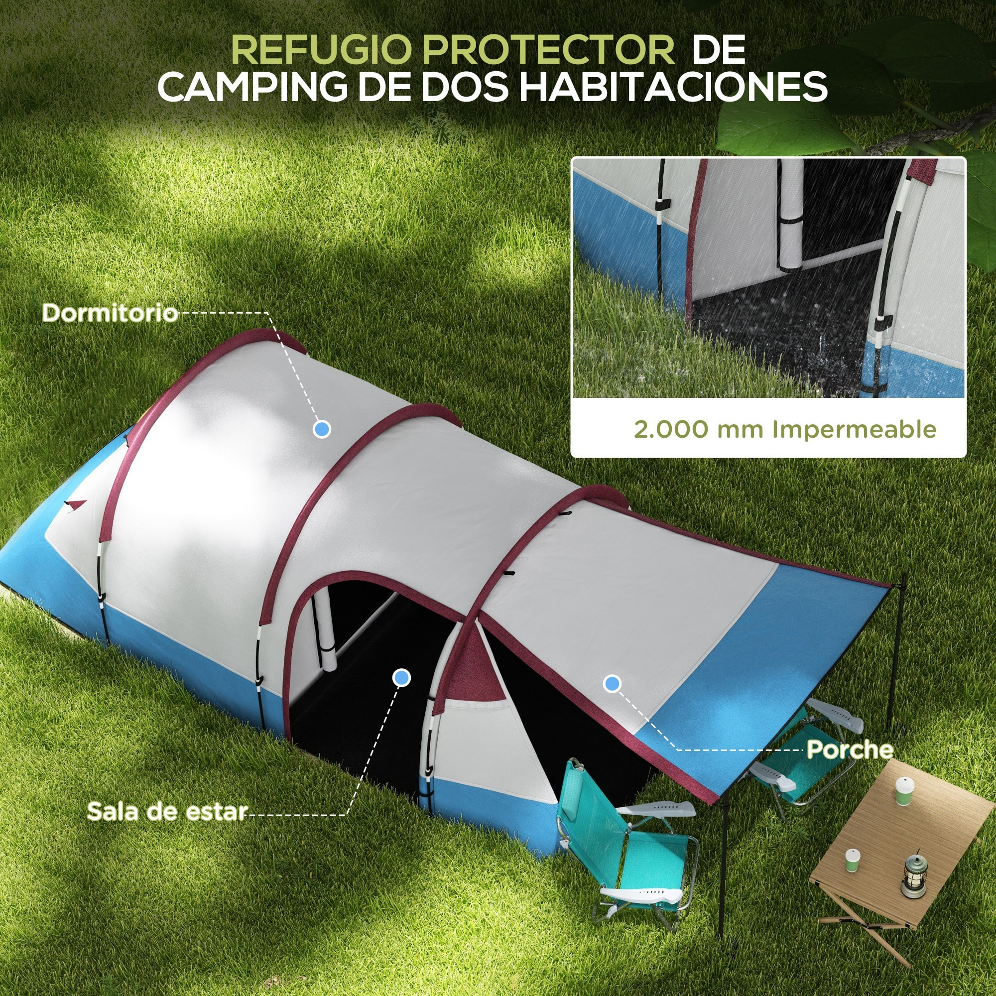 Tienda de Campaña Familiar para 2-3 Personas Tienda de Camping Plegable con 2 Habitaciones y Bolsa de Transporte Impermeable para Senderismo 420x200x150 cm Multicolor
