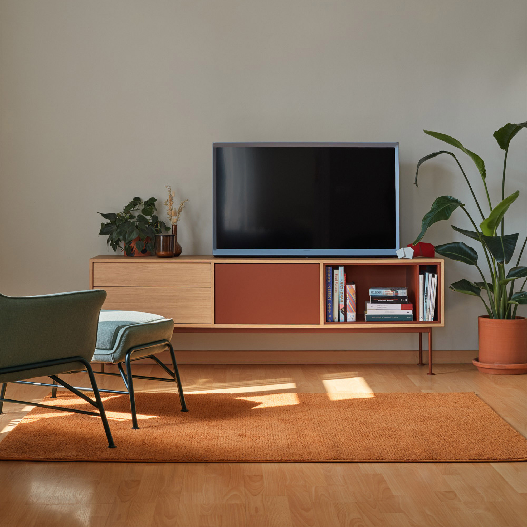 Mueble de televisión Yoko 2 cajones y 1 puerta roble y teja