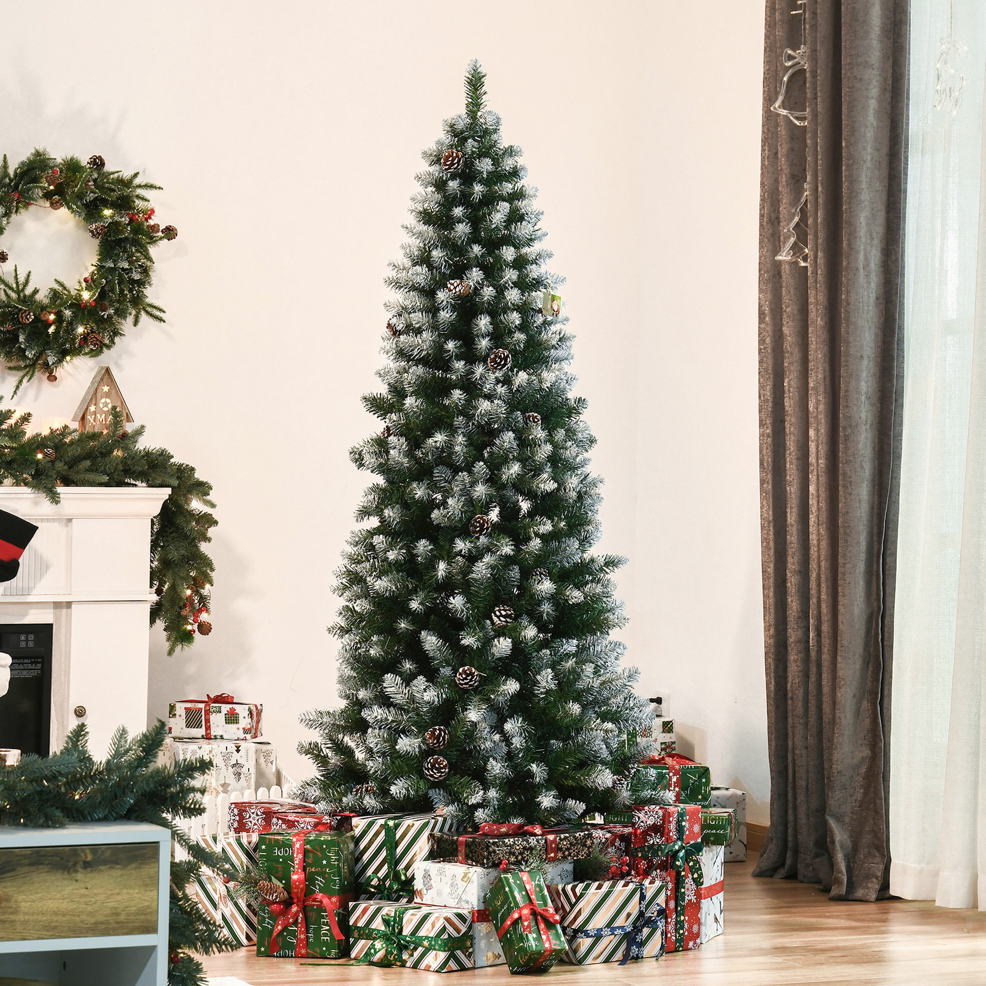 HOMCOM Árbol de Navidad Artificial Ø75x180cm con 630 Puntas de PVC y 37 Piñas Decoración de Interior con Base Plegable y Soporte de Acero Verde