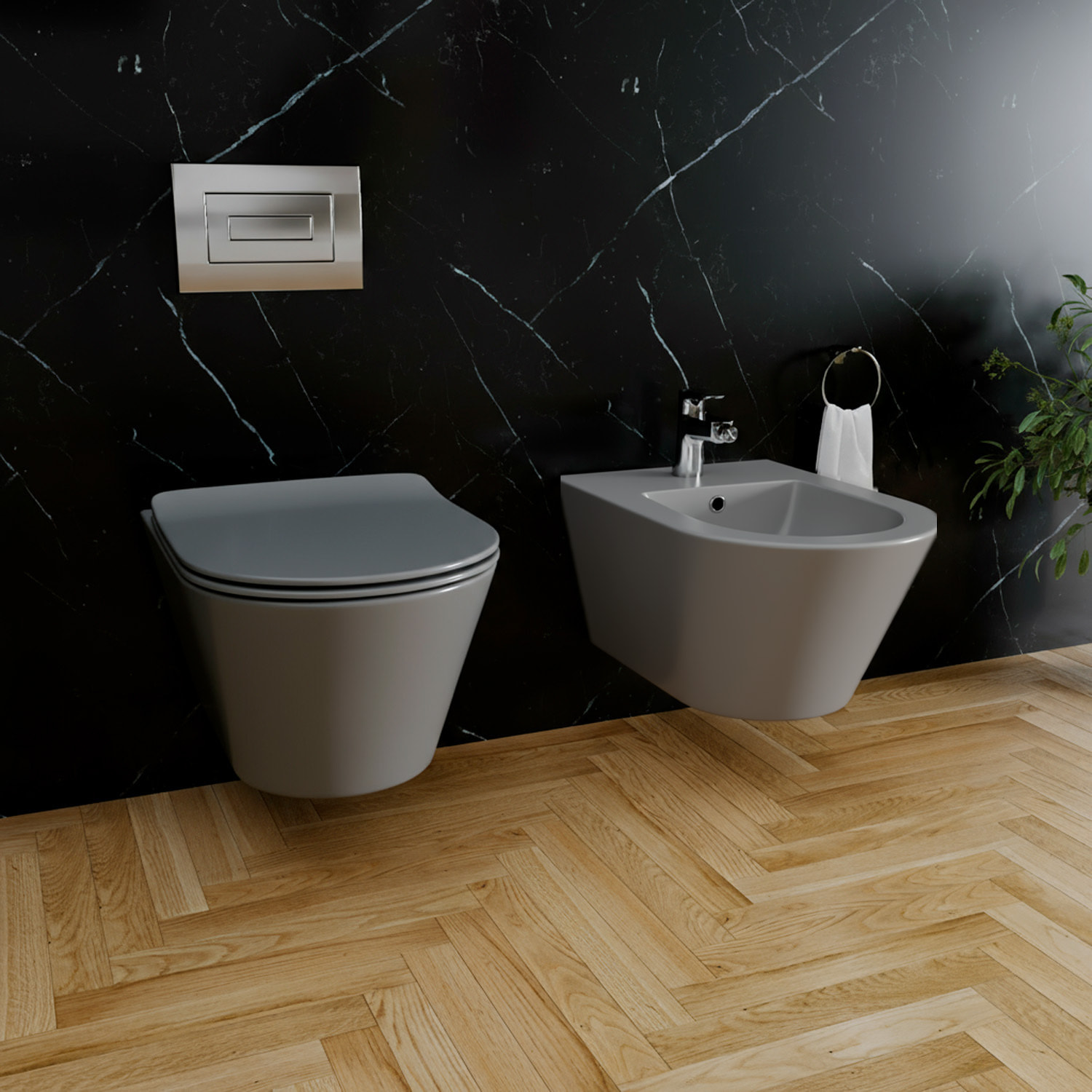 Coppia Sanitari Sospesi Vaso WC Rimless Con Tornado Flush E Bidet Sospeso Moderno Tondo In Ceramica Con Copriwater Chiusura Soft Close Grigio Opaco