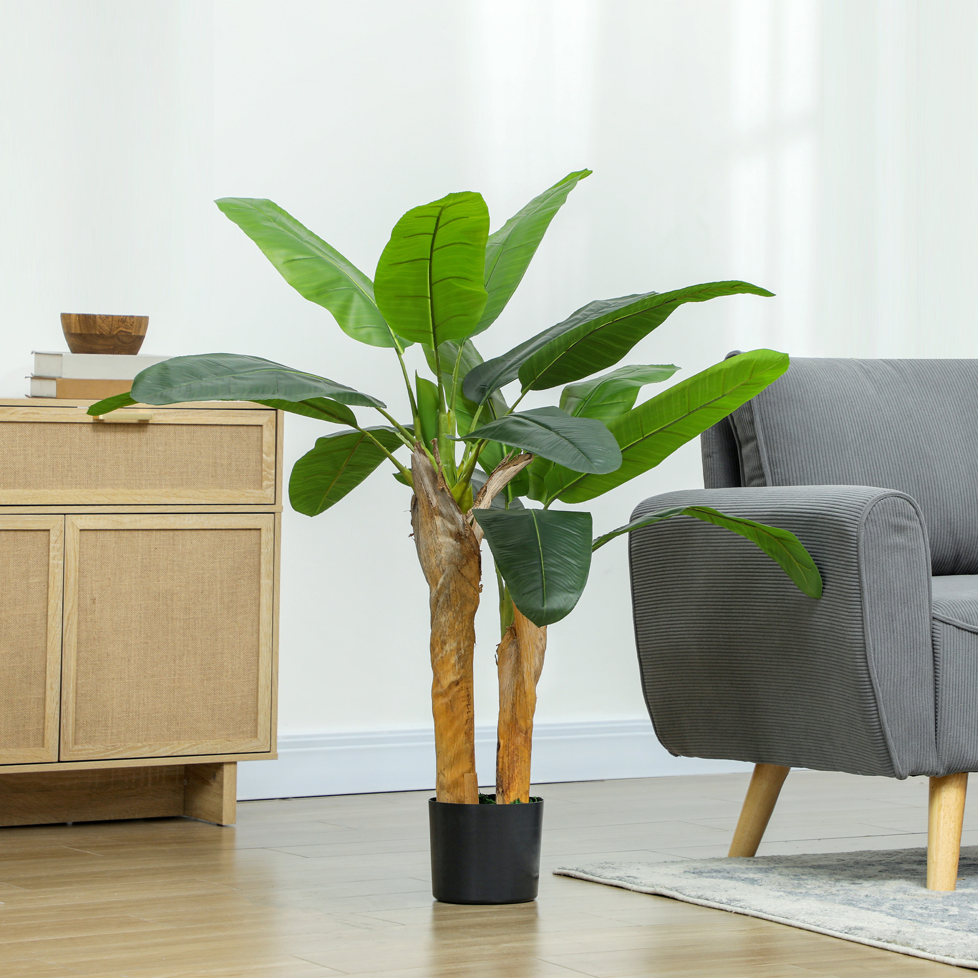 Plante artificielle bananier H.120 cm - grand réalisme - 15 feuilles - mousse effet lichen pots inclus