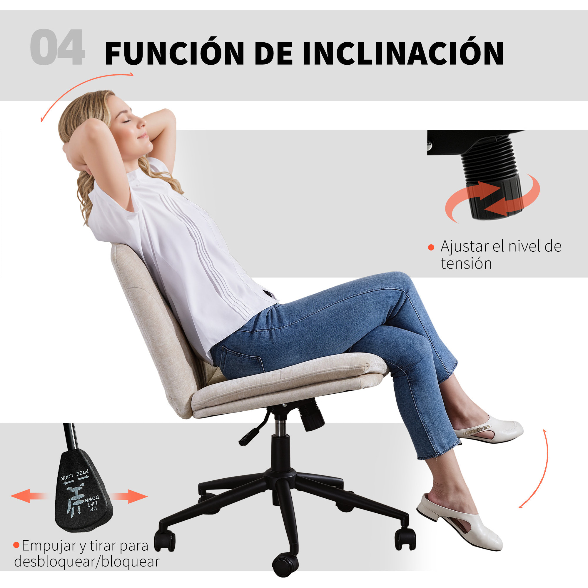 Silla de Oficina Piernas Cruzadas, Silla de Escritorio con Asiento Ancho, sin Reposabrazos, Ruedas, Altura Ajustable, Giratoria, Función Basculante, Tapizada en Chenilla, Beige