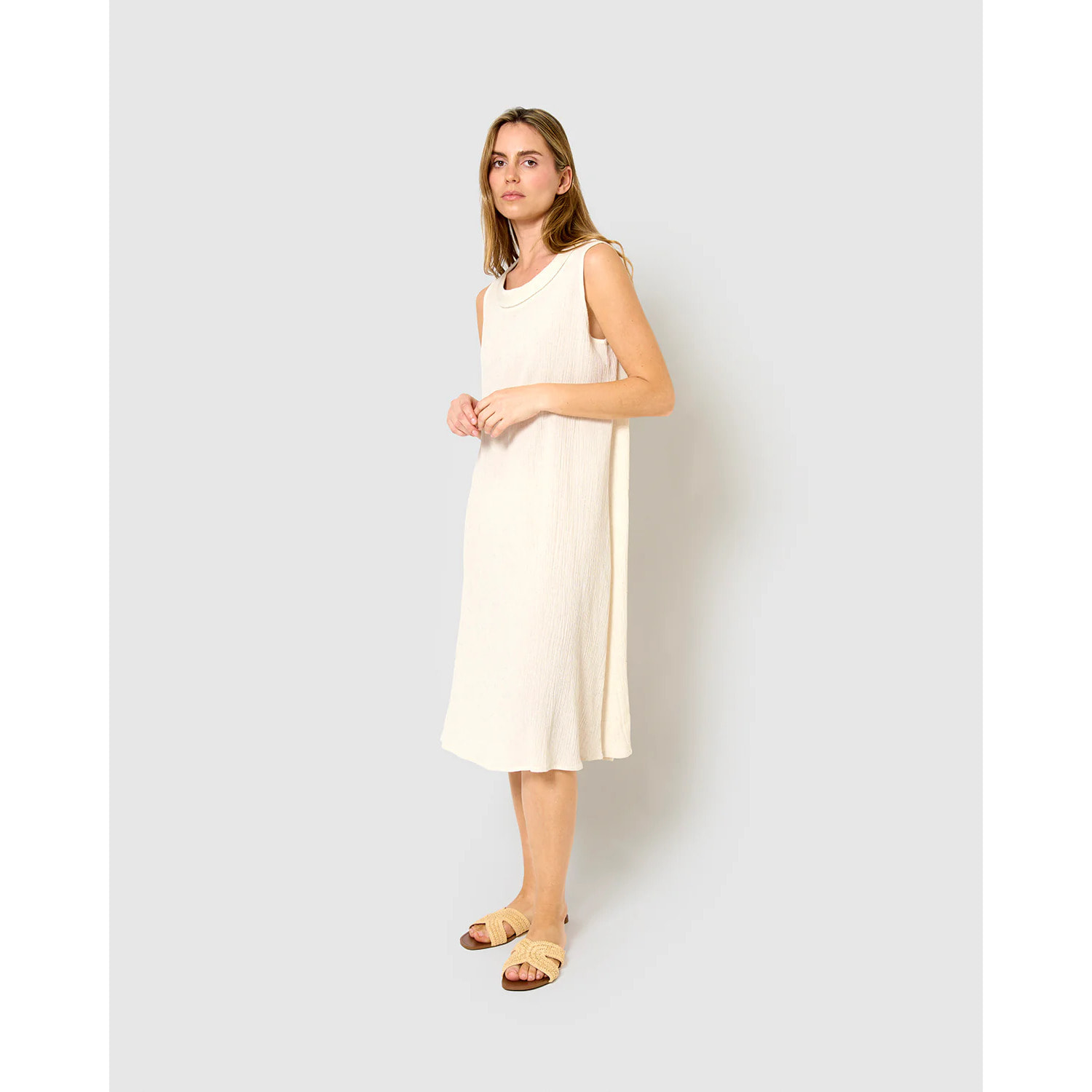 Vestido midi cuello drapeado algodón lino  natural