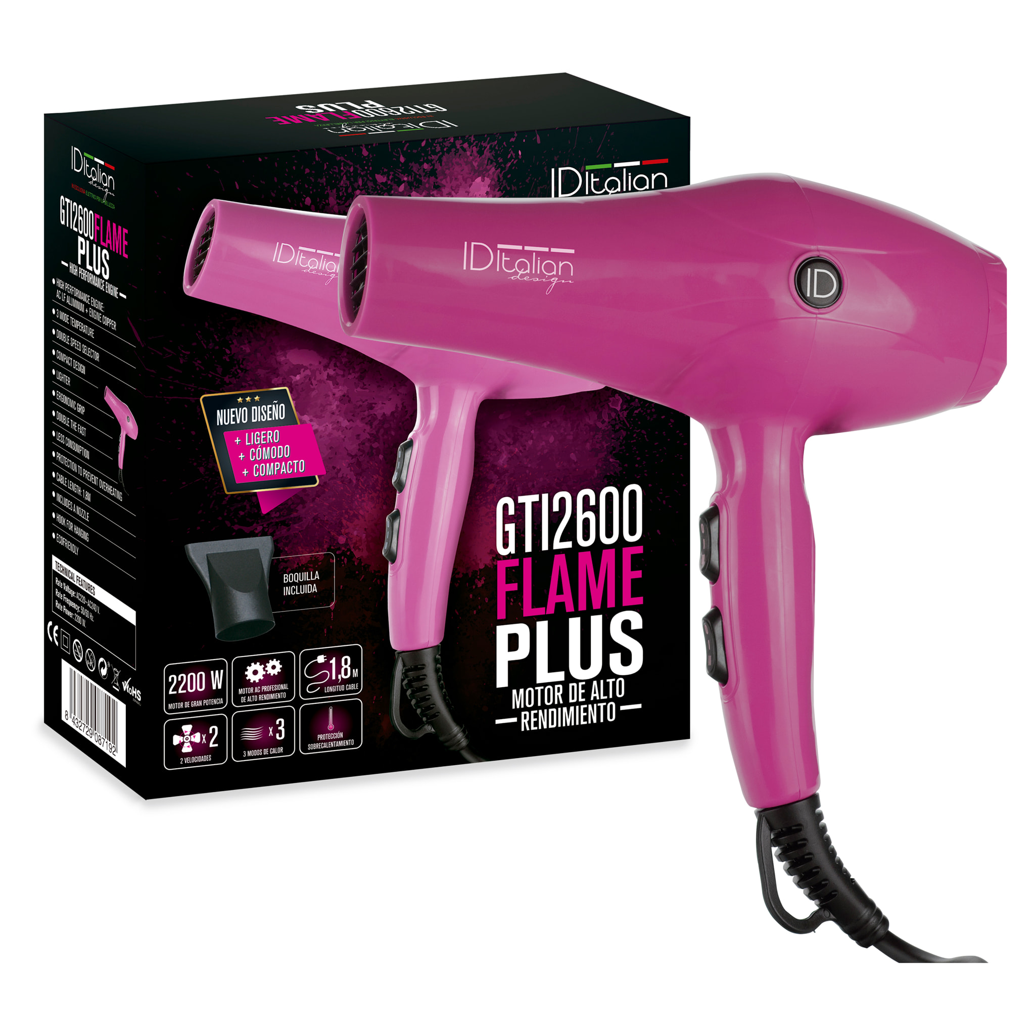 Secador GTI 2600 Flame Plus - Rosa - 2200 W