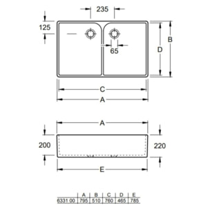 Evier 2 bacs blanc O Novo 22 x 79,5 x 51 cm avec trop-plein