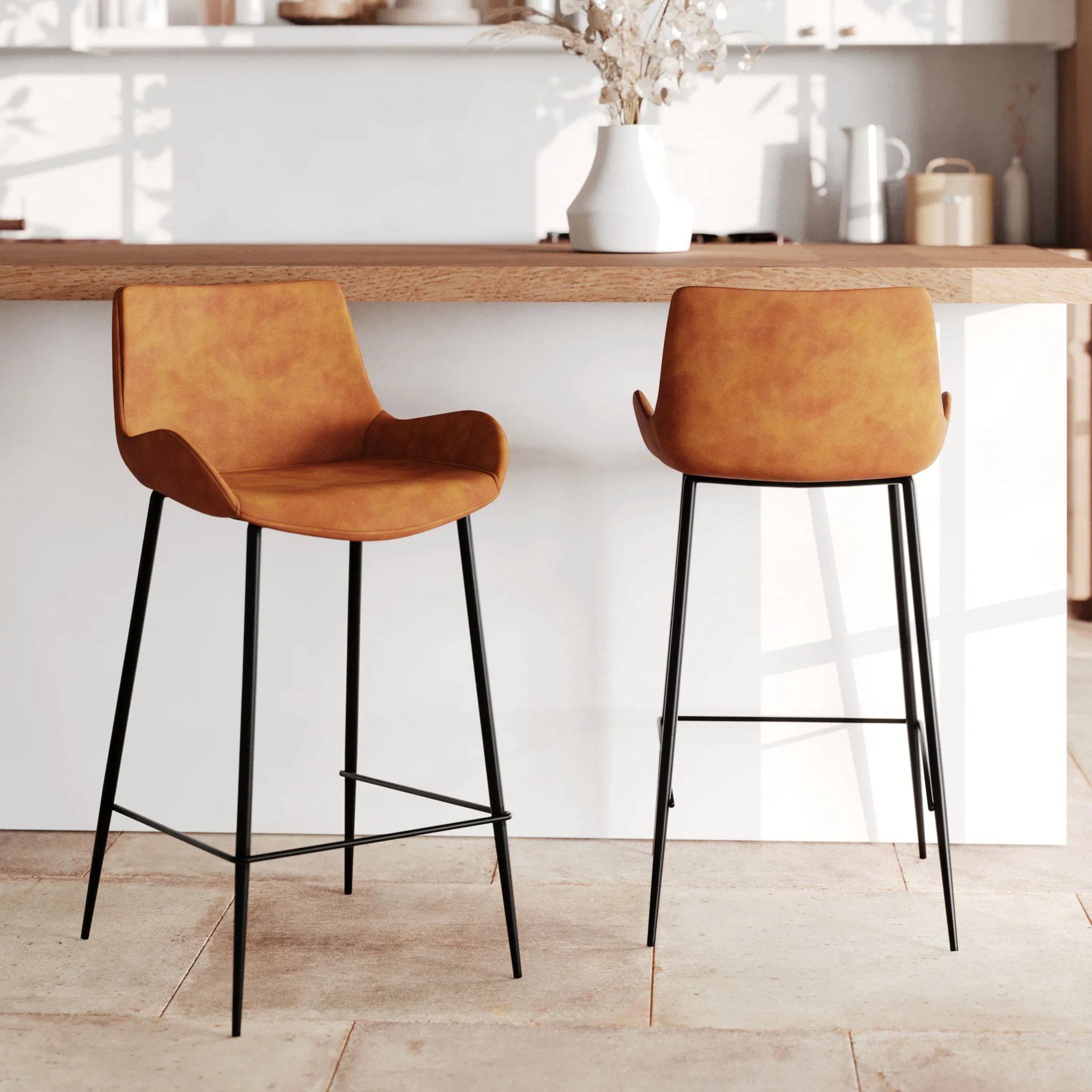 Lot de 2 chaises pour îlot central 65 cm en cuir synthétique camel - Pirata