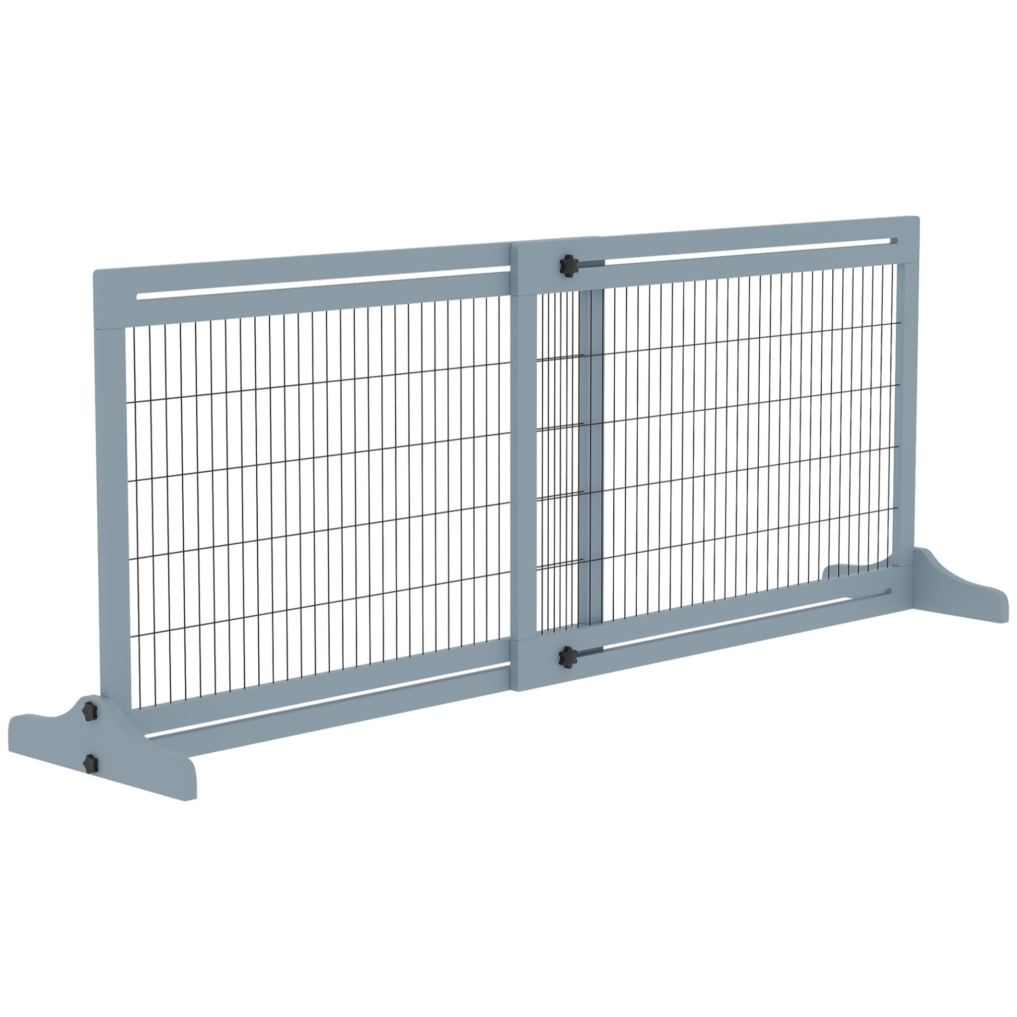 Barrière de sécurité chien barrière autoportante longueur réglable dim. 104-183L x 36l x 69H cm bois pin gris acier noir