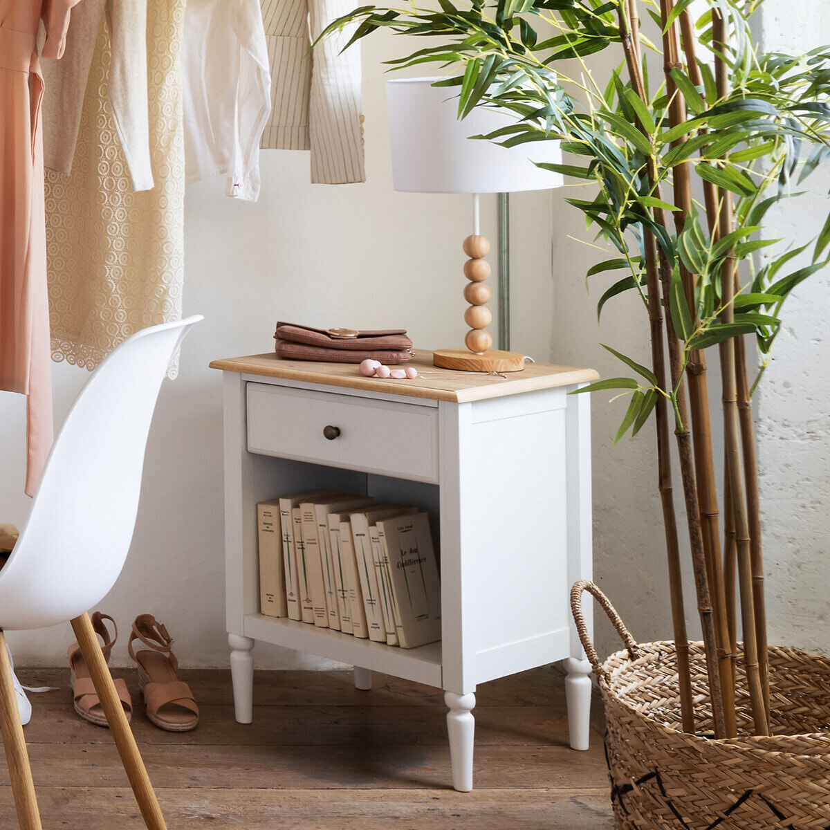 Table de chevet "Solen" - blanc et bois