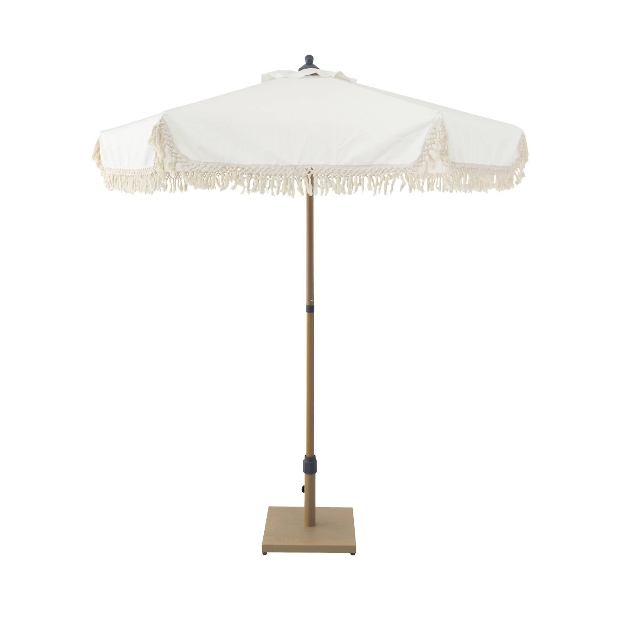 Parasol HOSSEGOR droit à franges 2m. beige. acier. mât effet bois. UPF 30+. D 200 x H 225 cm