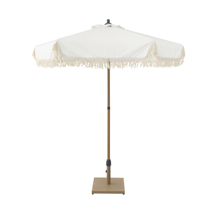 Parasol HOSSEGOR droit à franges 2m. beige. acier. mât effet bois. UPF 30+. D 200 x H 225 cm