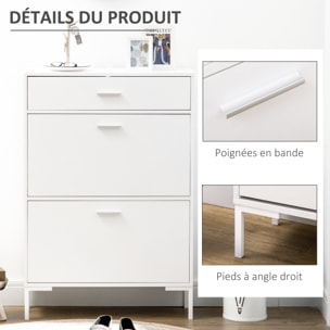 Meuble à chaussures 12 paires, armoire à chaussures étroite avec 2 tiroirs rabattables, 1 tiroir et étagères réglables, style moderne, pour couloir, entrée, 75 x 26 x 110 cm, blanc