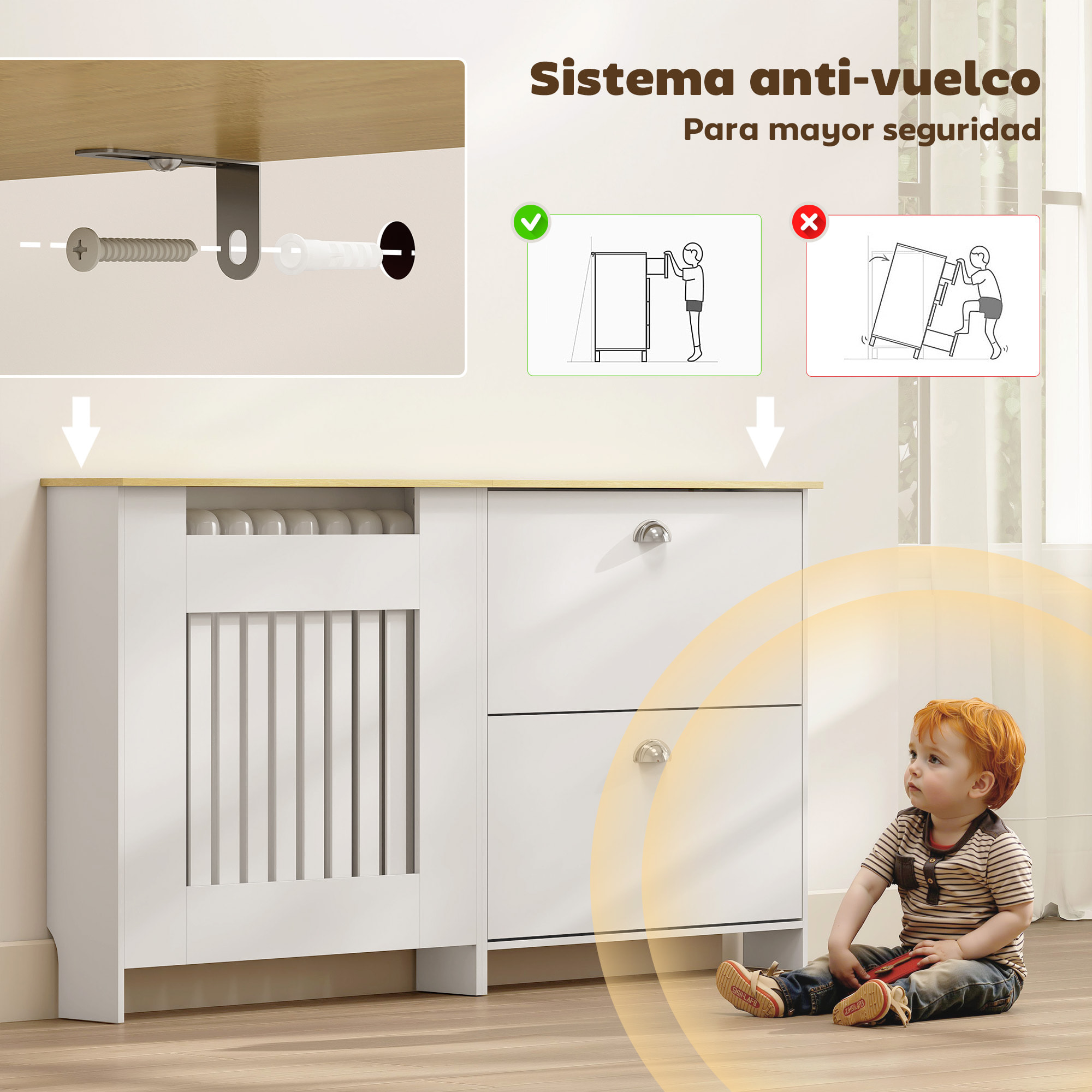 Cubre Radiadores con Zapatero, Cubreradiador de MDF, 152x19x81 cm, Cubierta para Radiador con 2 Cajones Abatibles, Diseño Moderno de Listones, para Salón, Dormitorio, Blanco