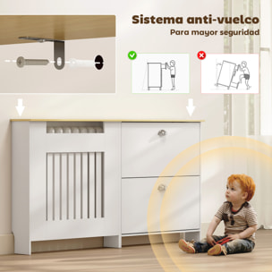 Cubre Radiadores con Zapatero, Cubreradiador de MDF, 152x19x81 cm, Cubierta para Radiador con 2 Cajones Abatibles, Diseño Moderno de Listones, para Salón, Dormitorio, Blanco