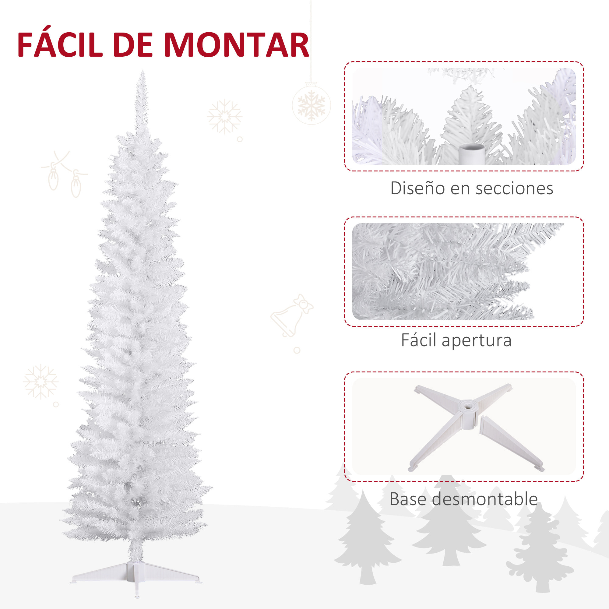 Árbol de Navidad 180 cm Árbol de Navidad Artificial Grande con 390 Puntas de Rama Decoración Navideña para Interiores Fácil de Montar Blanco