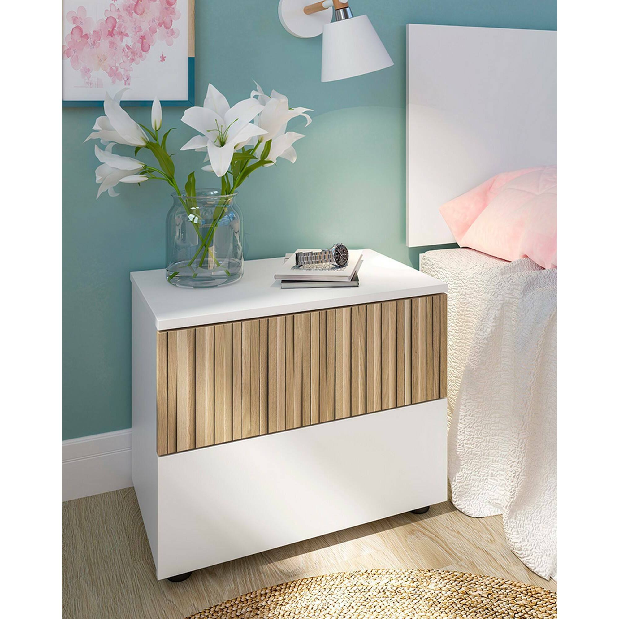 Comodino Josie, Comò basso, Tavolino da notte, Mensola da letto, 50x42 h34 cm, Bianco e Rovere