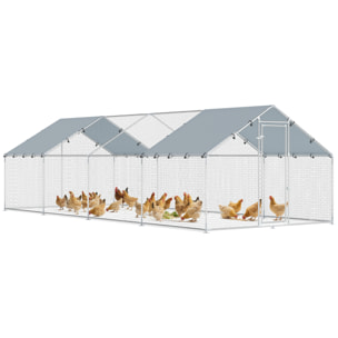 Gallinero para Exterior Grande, 6,8x3x1,9 m, Gallinero de Acero Galvanizado, Puerta con Doble Cierre, Cubierta Tela Oxford, Anti-UV e Impermeable, Diseño Accesible, para 20-30 Gallinas, Plata