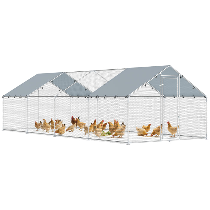 Gallinero para Exterior Grande, 6,8x3x1,9 m, Gallinero de Acero Galvanizado, Puerta con Doble Cierre, Cubierta Tela Oxford, Anti-UV e Impermeable, Diseño Accesible, para 20-30 Gallinas, Plata
