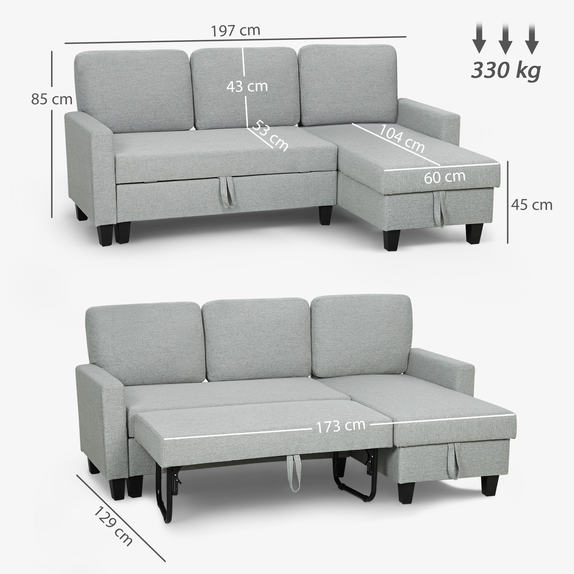 Sofá Cama Chaise Longue de 3 Plazas, Chaise Longue Reversible Ambos Lados con Almacenaje, Sofá Cama Esquinero Desplegable con Fundas de Cojines Removibles, Tapizado en Lino, para Salón, Gris