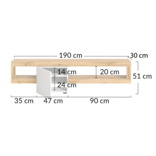 Ned - meuble tv suspendu - 1 porte et 1 étagère - bois et blanc - 190 cm - Bois / Blanc
