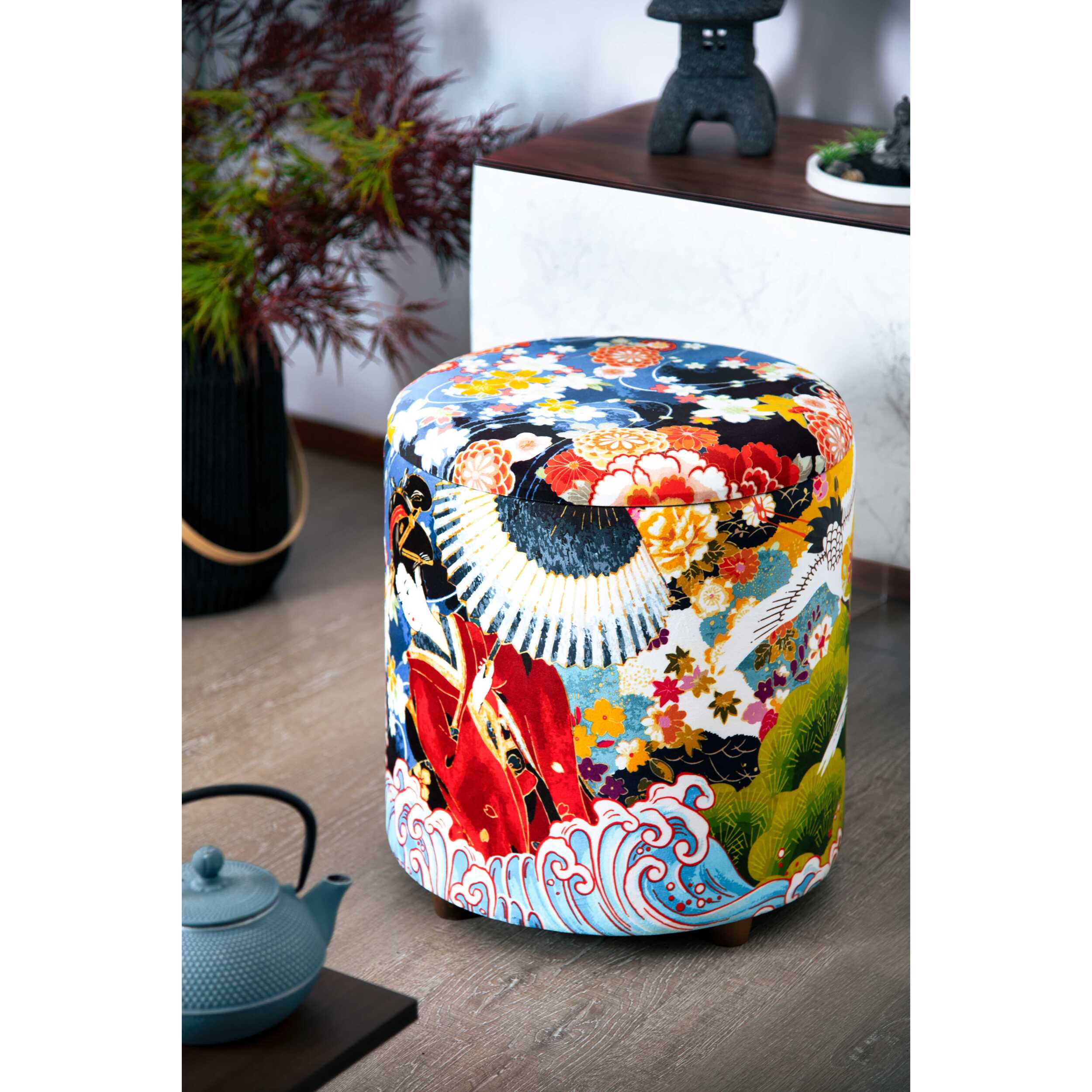 Pouf contenitore Excelsa Kimono in velluto e legno 39x39x43 cm multicolore