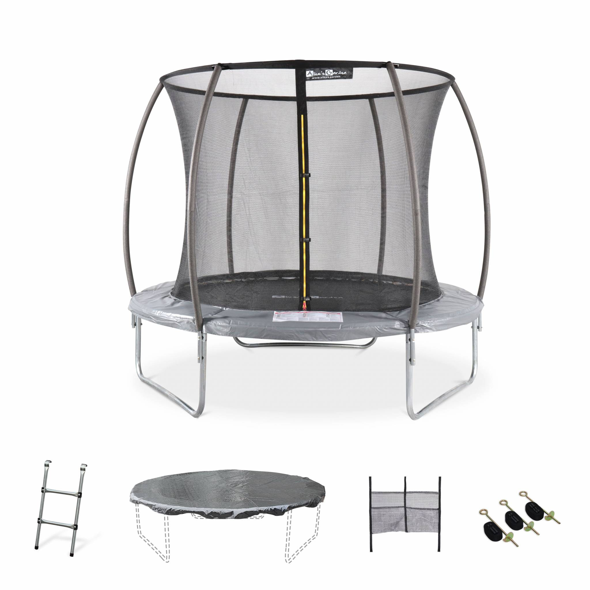 Trampoline rond Ø 250cm gris avec filet de protection intérieur - Pluton Inner XXL– échelle. bâche. filet pour chaussures et kit d'ancrage 2.50 m 250 cm