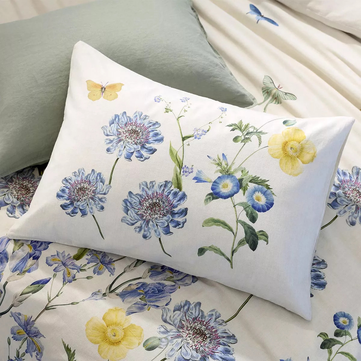 Taie d'oreiller lin & coton lavé 130 g/m² imprimé bleu jaune Iris d'ete naturel