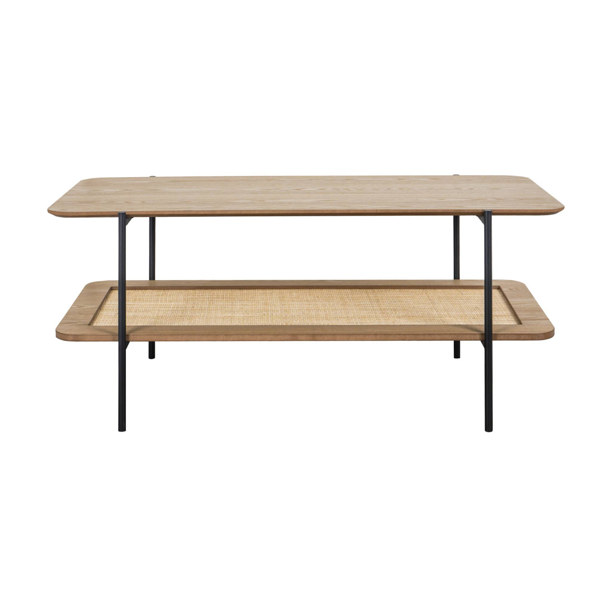 Table basse vintage 110 cm coloris naturel. double plateaux effet bois et cannage. piètement et structure en métal noir