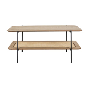 Table basse vintage 110 cm coloris naturel. double plateaux effet bois et cannage. piètement et structure en métal noir