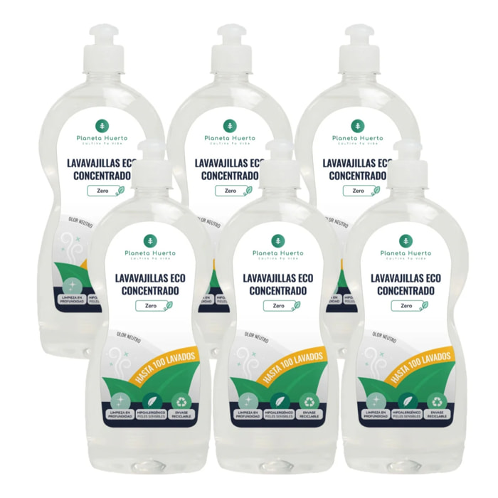 Pack 6xLavavajillas manual hipoalergénico sin perfume ECO Planeta Huerto 750 ml