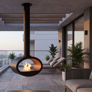 Nerone - Camino a Bioetanolo da Soffitto Sospeso Bifacciale 65x220x40 cm con Bruciatore 2,2 Litri Nero