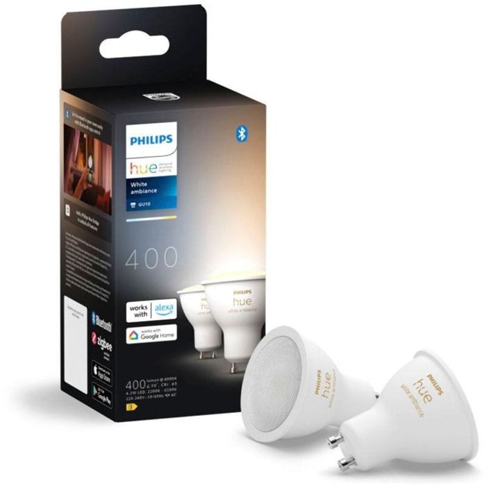 Ampoule LED connectée PHILIPS HUE GU10 White Ambiance pack de 2