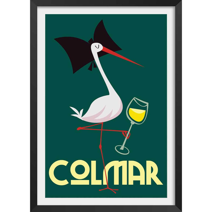 Affiche cigogne de Colmar Affiche + cadre en bois - Noir