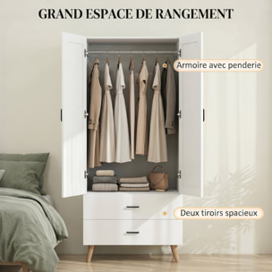 Armoire penderie 2 portes 2 tiroirs et barre de suspension, 80x54x180cm, blanc