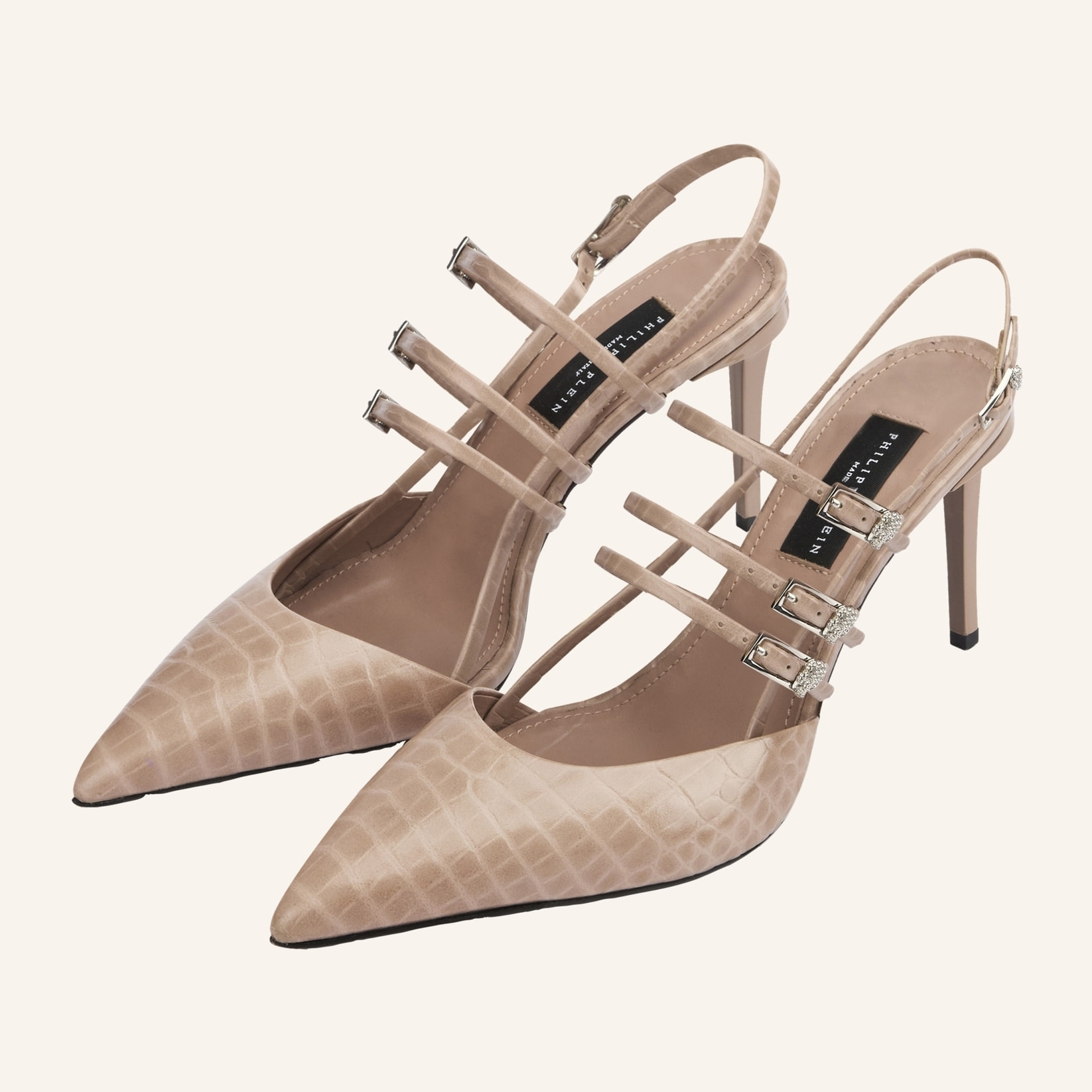 PHILIPP PLEIN Cocco Print High Heels Slingbacks Skull Belts 9