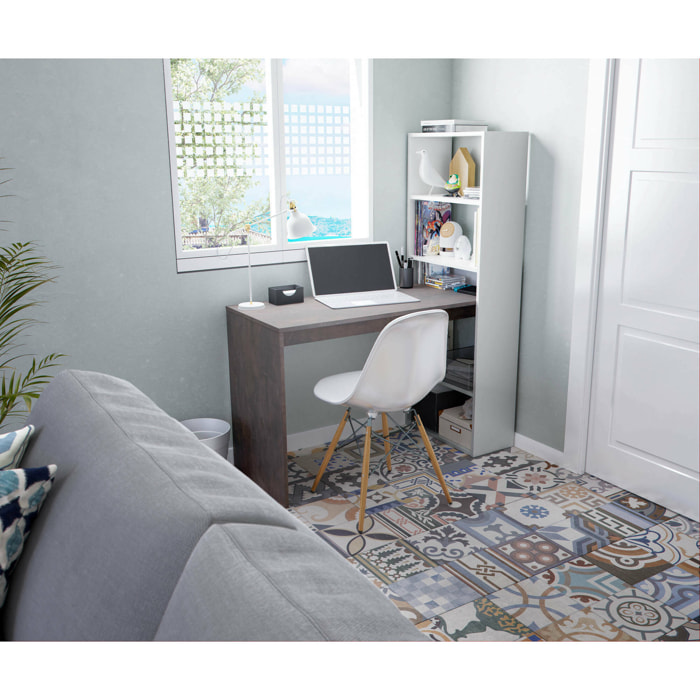Scrivania Ali, Scrittoio multifunzione reversibile con libreria 5 ripiani, Tavolo da studio o ufficio porta PC portalibri, 120x53h144 cm, Bianco e Ossido