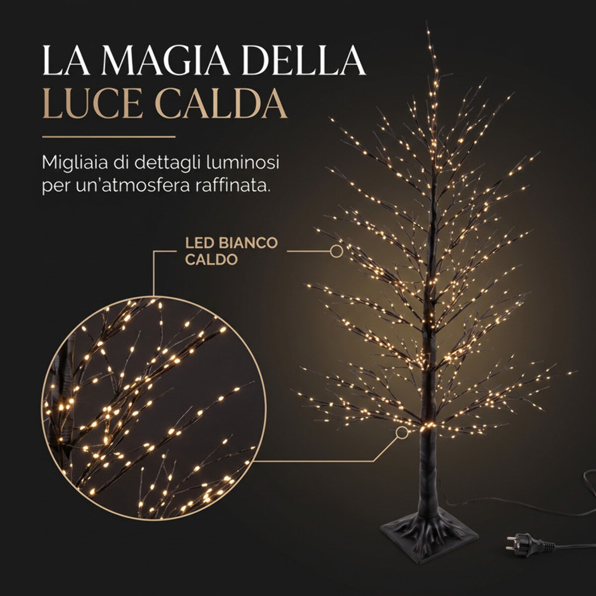 Albero luminoso decorativo con rami LED bianco caldo - Nero