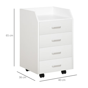 Cajonera de Oficina Mueble Auxiliar para Archivos con 4 Cajones Encimera Superior de Almacenaje 4 Ruedas y 2 Frenos para Estudio Despacho 40x36x65 cm Blanco