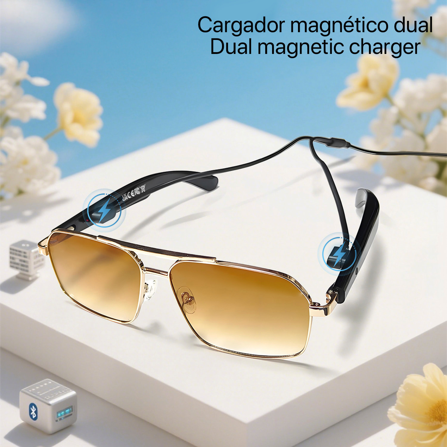 Occhiali AI GT-31 con chiamate bluetooth, controllo remoto della fotocamera, riproduzione musicale e assistente vocale.