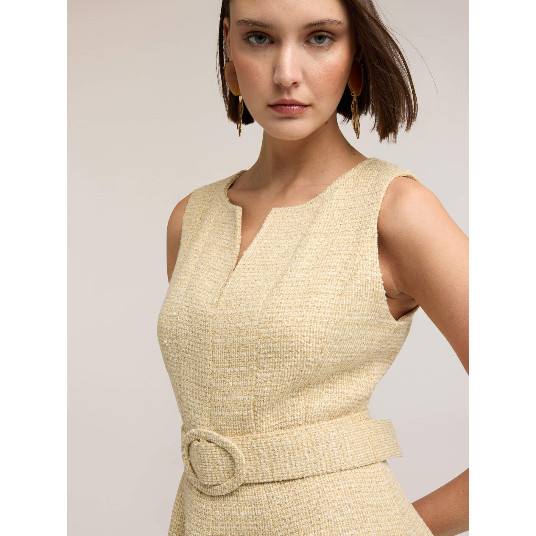 Motivi - Vestido flare en tejido bouclé con cinturón - Amarillo