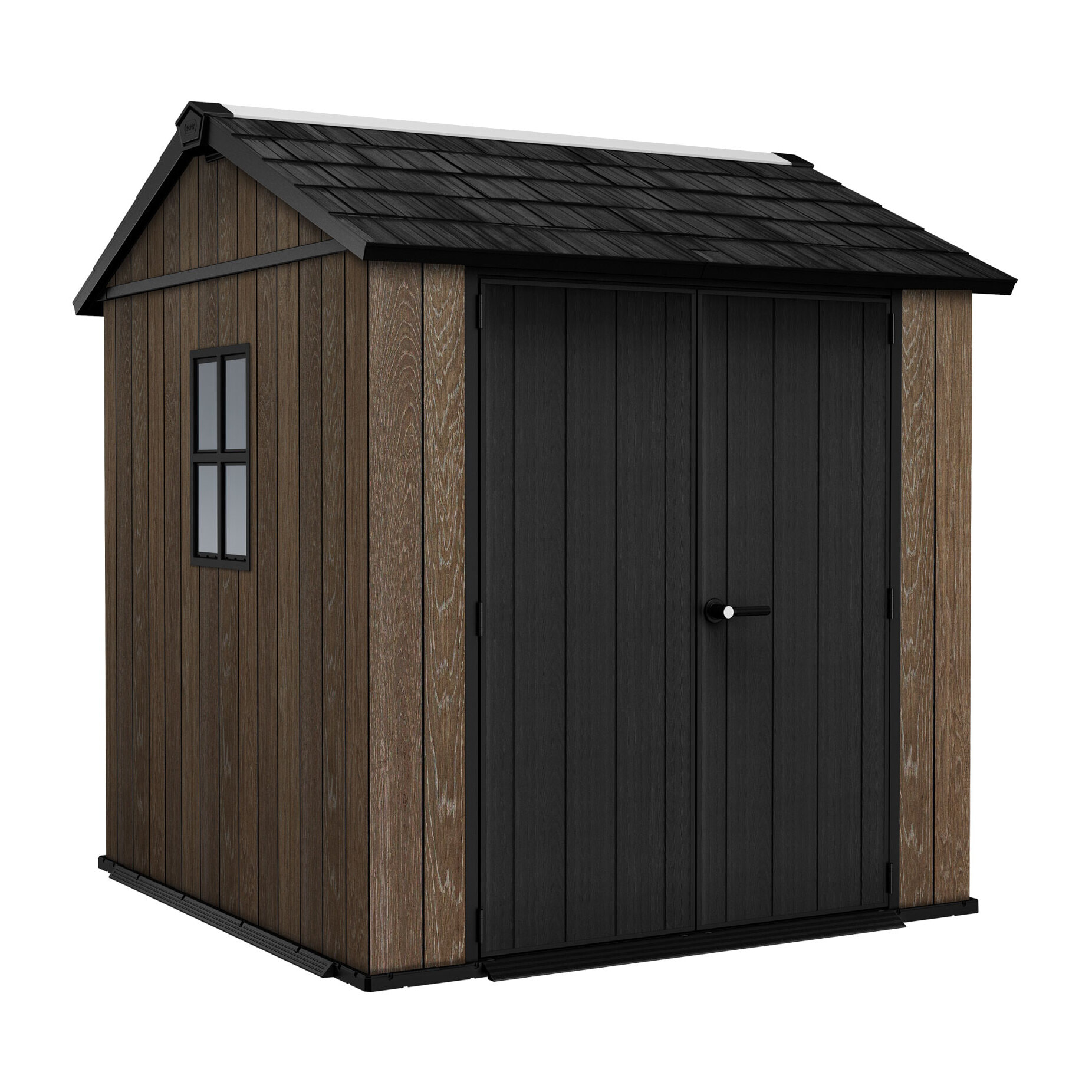 Apex 757/775 - Casetta da Giardino 223,8x246x230 cm 2 Ante per deposito attrezzi finitura effetto legno Evotech+ in Resina Marrone e Nero
