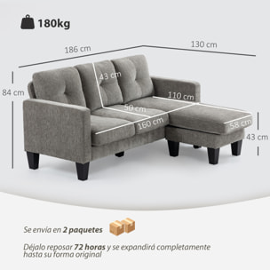 Sofá Chaise Longue Reversible, Sofá de 3 Plazas en Forma de L, Tapizado en Chenilla, Asiento y Respaldo Acolchados, Estructura de Acero, 186x130x84 cm, Marrón Topo