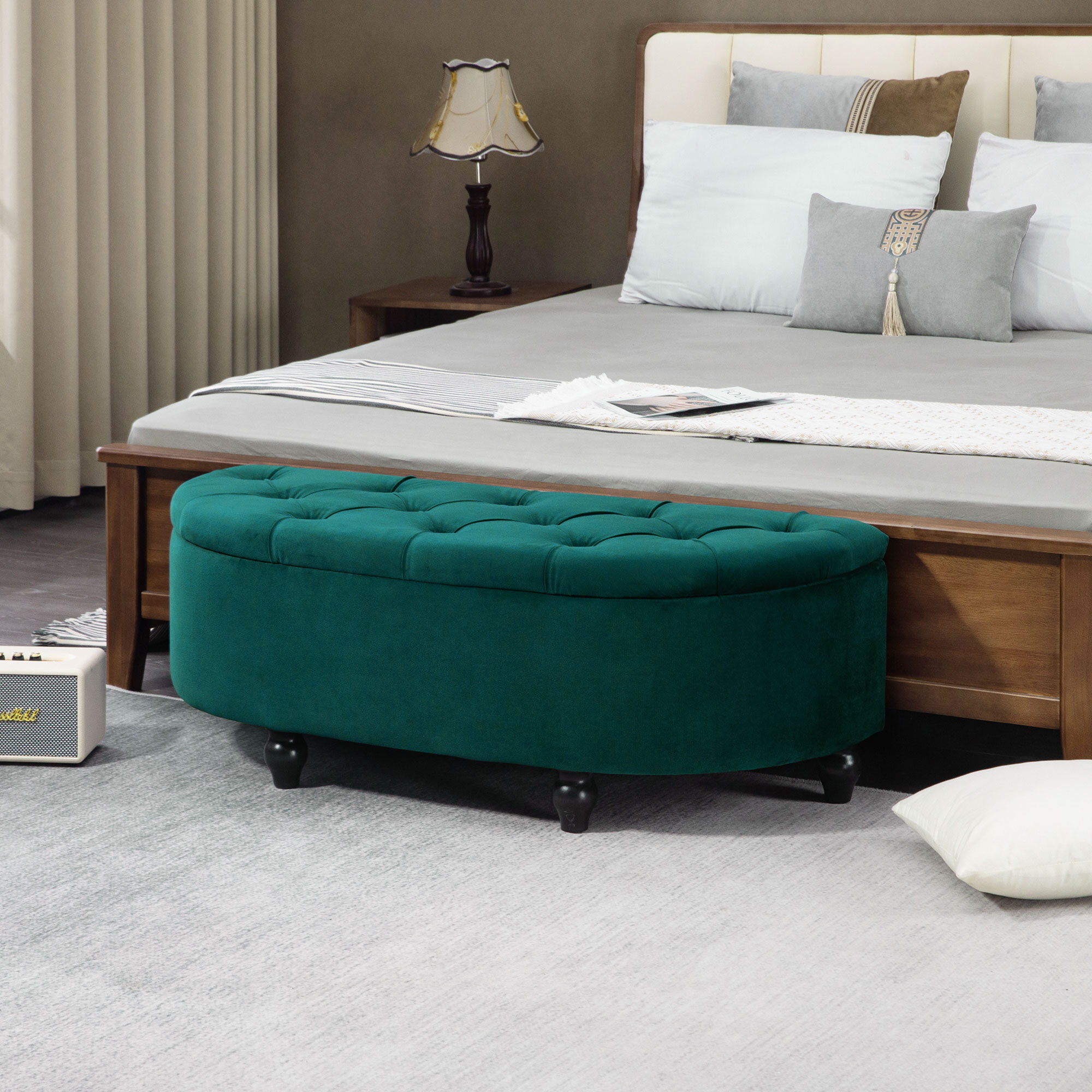 Pouf de rangement coffre 2 en 1 - pouf design classique chic capitonné demi-cercle - pieds bois hévéa noir revêtement velours vert emeraude